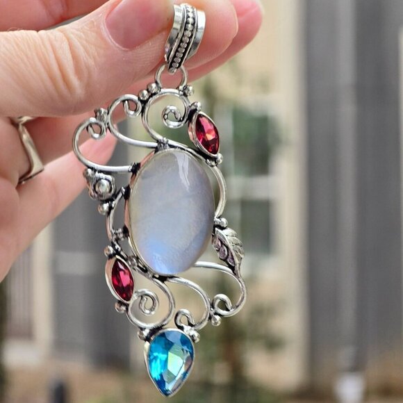 Milky Opal ✦ Blue Sapphire Garnet Pendant ✦ 925 Sterling Silver Intricate Swirl - Picture 11 of 13